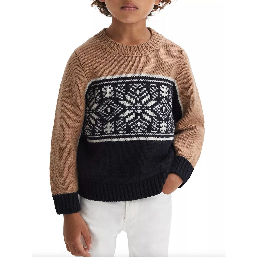 REISS Boys Nash Jr Colorblocked Wool-Blend Sweater Sz 5-6 Navy Camel